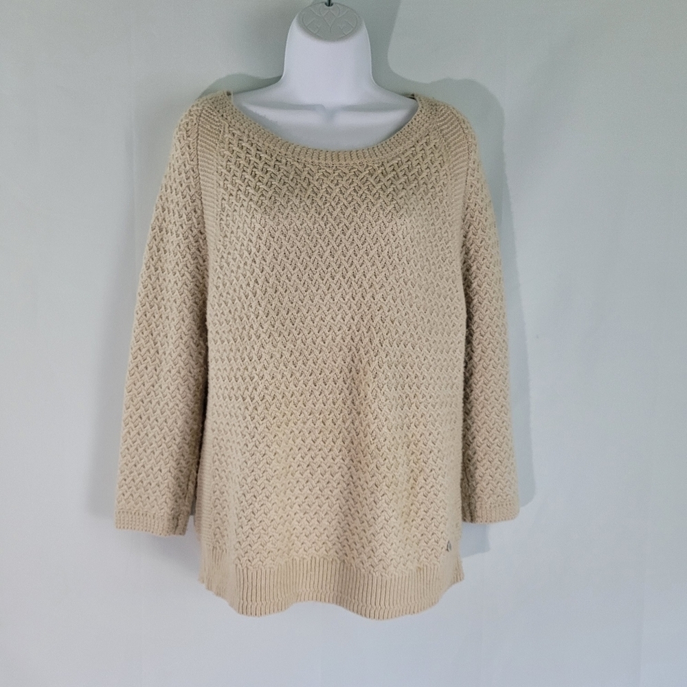 Apology Knit Off-White Crewneck Back Button Accent Waffle Pullover Sweater Sz S